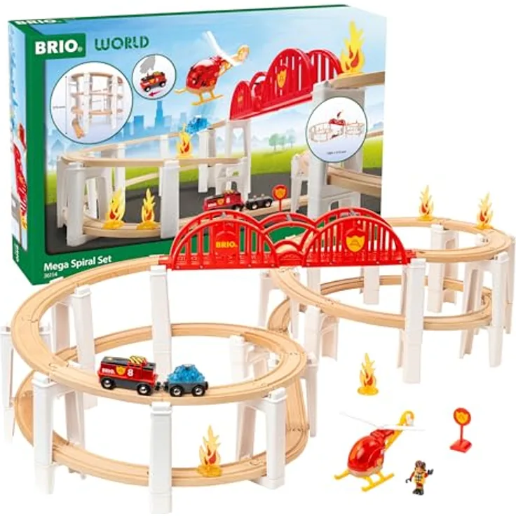 Brio 63611400 Schienenpaket Berg und Tal, 63-teiliges Spiralenset mit modularen Schienen und Stützen, inkl. Lok und Zubehör