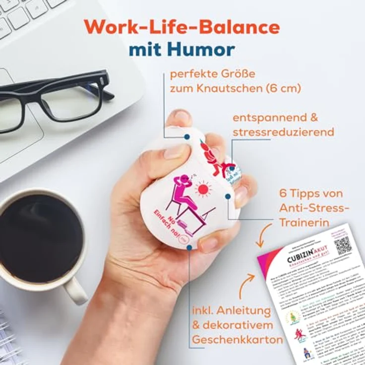 GLÜCKSGUT® Anti-Stress-Würfel Cubizin, 2er Pack mit 6 lustigen Motiven, inkl. Geschenkbox und Anleitung für Stressabbau im Büro – Bild 4