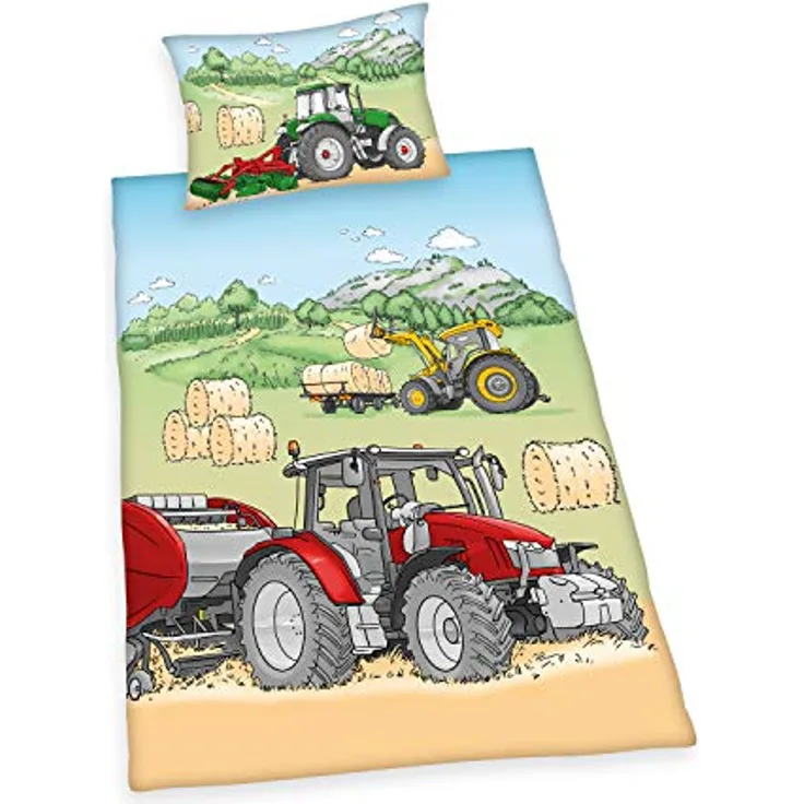 Herding Young Collection Bettwäsche-Set, Traktor Wendemotiv, Bettbezug 160 x 210 cm, Kopfkissenbezug 65 x 100 cm, Baumwolle/Renforcé