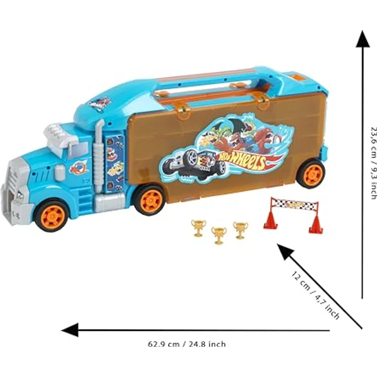 Theo Klein 2474 Hot Wheels LKW-Sammelkoffer, stabiler Koffer für bis zu 24 Autos und 2 LKW, mit praktischen Unterteilungen, Maße: 62,9 cm x 12 cm x 23,6 cm, Spielzeug für Kinder ab 3 Jahren – Bild 3