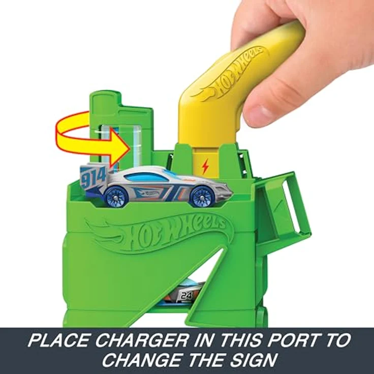 Hot Wheels City Super Recharge Tankstelle, interaktives Spielset mit umpositionierbarem Ladegriff und Platz für 10 Fahrzeuge, inklusive einem Hot Wheels Auto – Bild 4