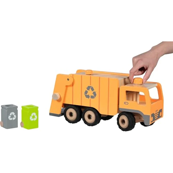 goki 55848 Müllwagen Eco aus Holz, lenkbar über Drehknopf, mit Heck-Hebevorrichtung und 2 Mülltonnen, 36 × 16 × 17,5 cm – Bild 5