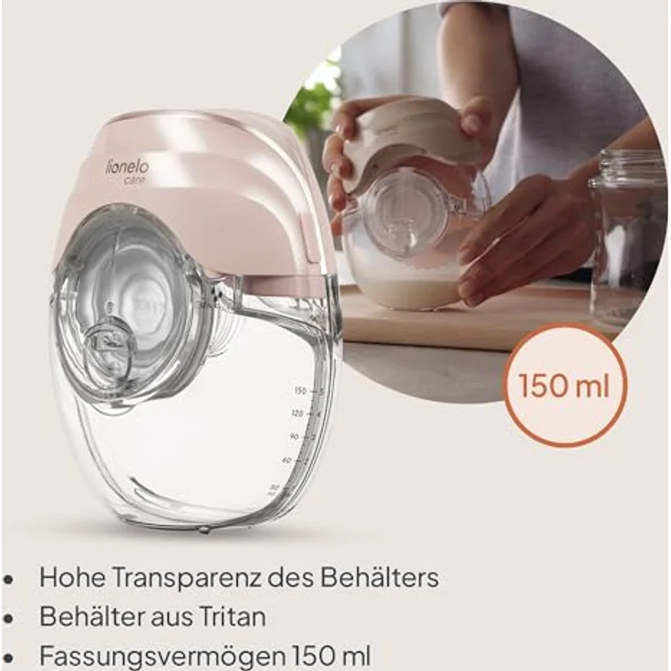 Lionelo Fidi Free Slim, Tragbare Elektrische Milchpumpe Kabellos, Leise bis 40 dB, 3 Modi mit 8 Stufen, 150 ml Tritan-Behälter, 4 Silikonaufsätze, USB-C, Akkulaufzeit >3 h – Bild 5