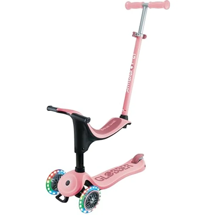 Globber GO•UP Sporty Lights, skalierbarer Tretroller mit 3 Rädern, abnehmbarem Sitz, LED-Lichtern, für Kinder von 15 Monaten bis 6 Jahren, Farbe Pastellrosa