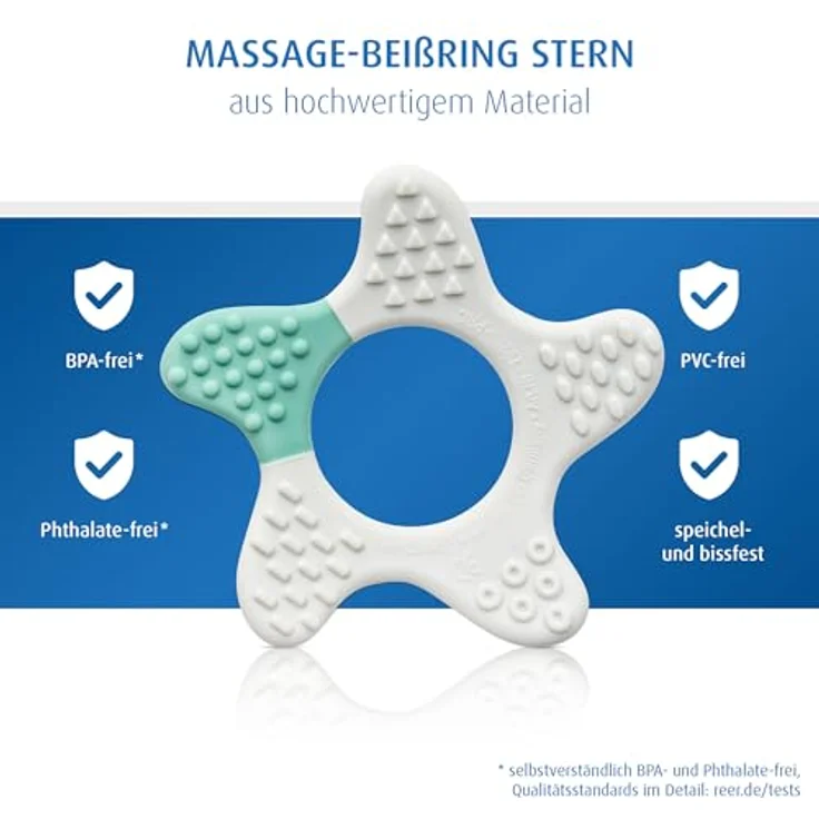Reer Massage-Beißring Stern, Unterstützt beim Zahnen, Weiß Grün, BPA-frei, mit Tastsinnförderndem Design – Bild 3