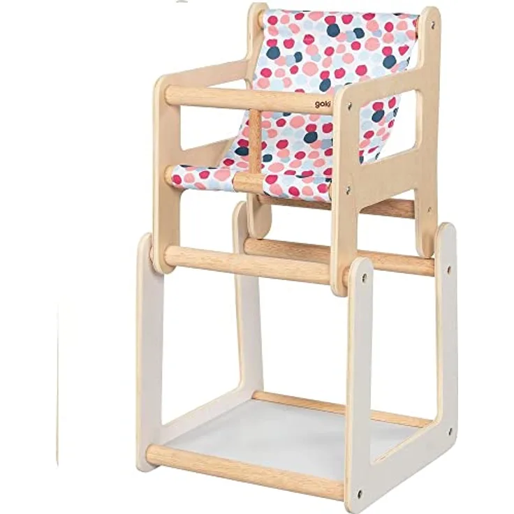 goki 51483 - Hochstuhl als Zubehör für Puppen mit Tisch - im modernen farbenfrohen Design - 2 in 1 Funktion - Puppenmöbel aus Holz und Stoff