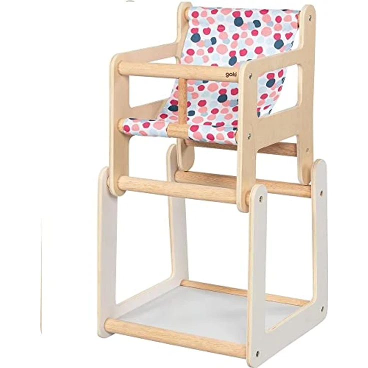 goki 51483 - Hochstuhl als Zubehör für Puppen mit Tisch - im modernen farbenfrohen Design - 2 in 1 Funktion - Puppenmöbel aus Holz und Stoff – Bild 1