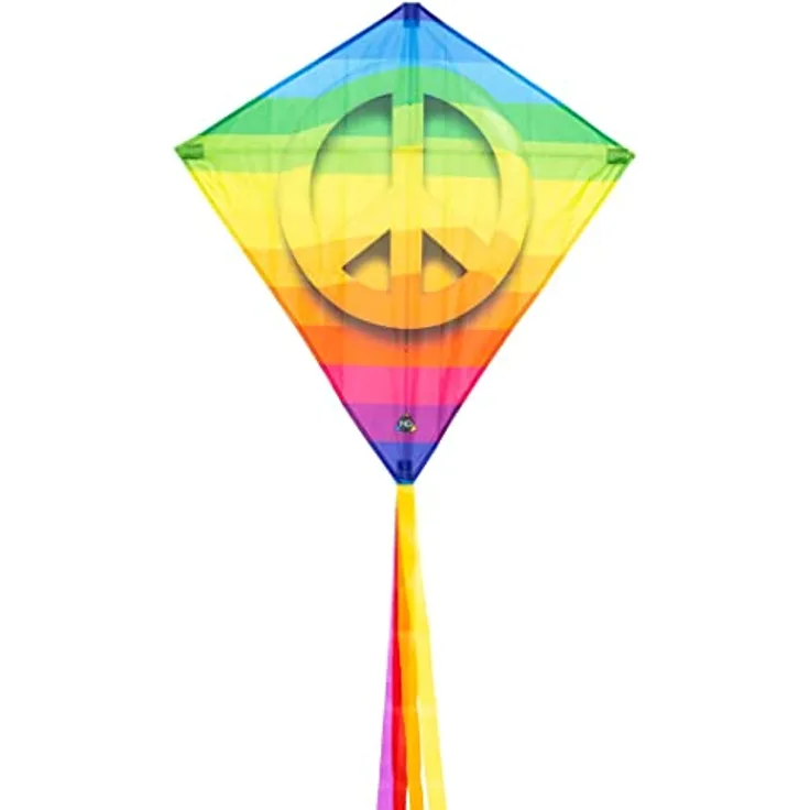 HQ Eddy Kinderdrachen Rainbow Peace, Einleiner Drachen 68x68cm mit 2m Drachenschwanz, inklusive 40m Polyesterschnur, ideal für wenig Wind, ab 5 Jahren