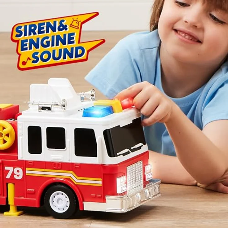 JOYIN Groß Feuerwehrauto Spielzeug, 83 cm Leiter, elektrischen Knöpfen, Lichtern, Sirene, drehbarer Schlauchtrommel und abnehmbarer Wasserpumpe, ab 2 Jahre – Bild 5