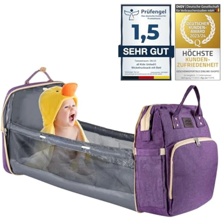all Kids United® Baby Wickelrucksack Deluxe, multifunktionale Babytasche mit integriertem Babybett, Wickelauflage und Kinderwagen-Haken, violett – Bild 1