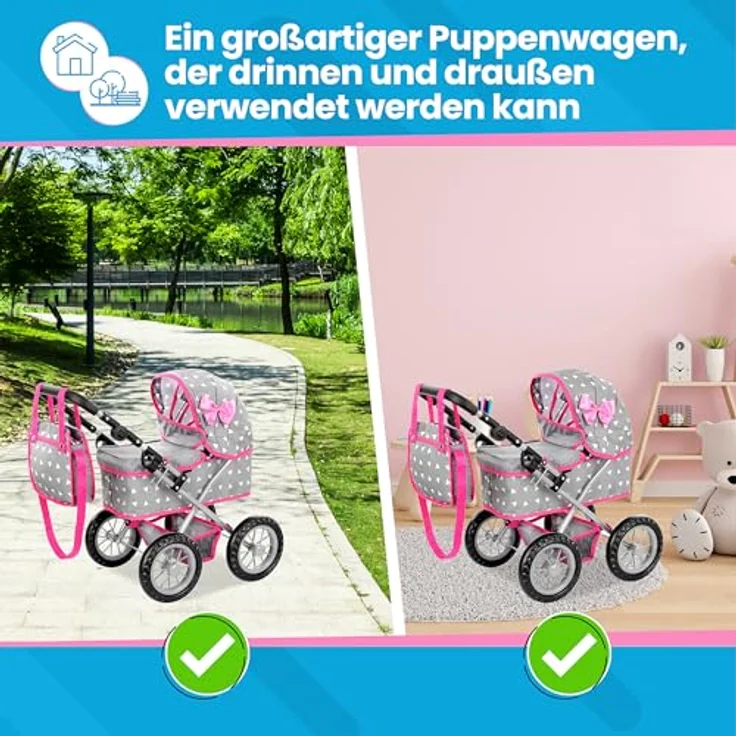 Kinderplay Puppenwagen ab 2 Jahre, Puppenbuggy ab 2 Jahre - Leichte und Stabile Konstruktion, Höhenverstellbar von 33 bis 63 cm, Spielzeug ab 2 Jahre Mädchen, KP0261S – Bild 8
