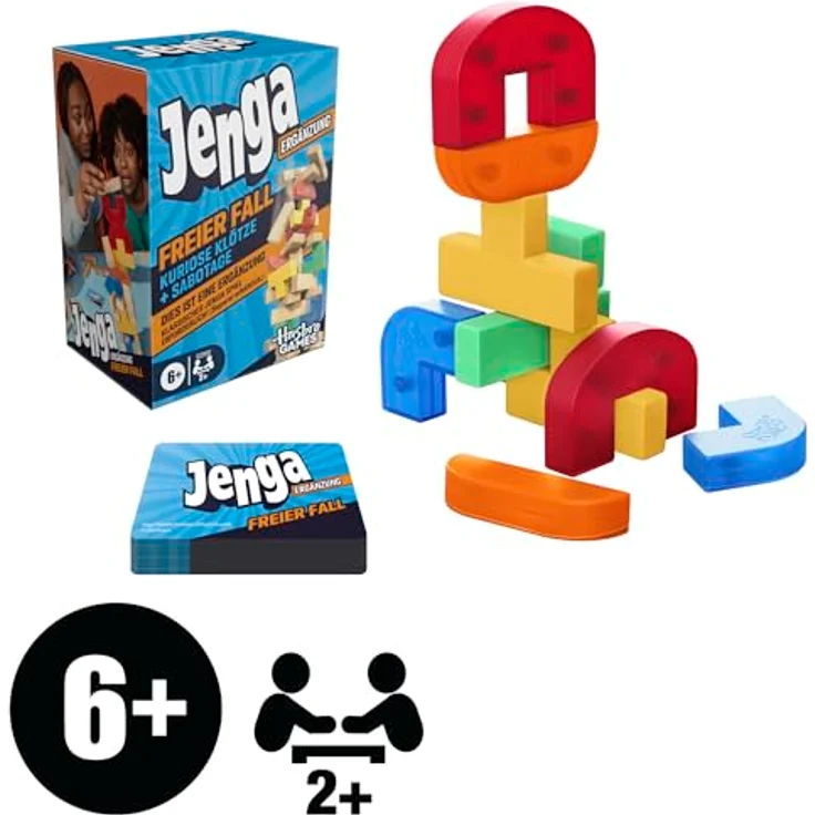 Hasbro Gaming Jenga Ergänzung: Freier Fall, mit bunten kuriosem Klötzen und Sabotagekarten, erfordert Jenga Spiel, ab 6 Jahren – Bild 2