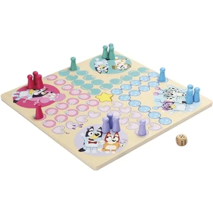 Micki Holzspiel „Mäusedorf“ von Bluey, lustiges Ludo-Spiel für Kinder mit 16 Spielfiguren in 4 Farben und Würfel
