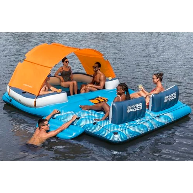 Bestway Hydro-Force 6-Personen-Badeinsel Tropical Breeze 389 x 274 cm, Stichfeste Inflata-Shield-Technologie, mit Sonnendach und Kühltasche – Bild 2