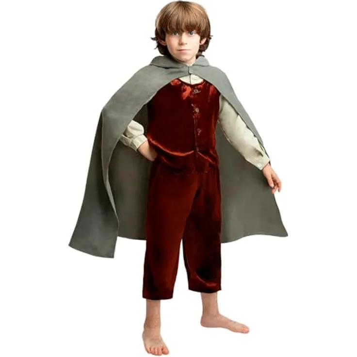 Funidelia Offizielles Frodo Kostüm - Der Herr der Ringe, Hemd mit Weste, Hose und Umhang in Grau/Silber, Größe 10-12 Jahre für Kinderferien, Karneval und Halloween