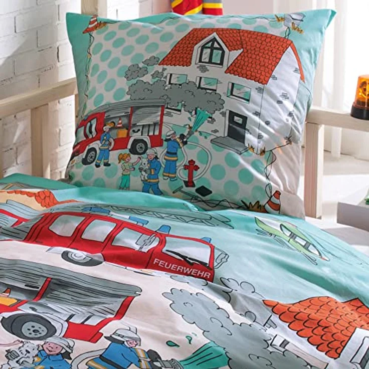 Erwin Müller Kinder-Bettwäsche, Bettgarnitur Polizei und Feuerwehr Renforcé - temperaturausgleichend, strapazierfähig, mit praktischem Reißverschluss - polizei und feuerwehr Größe 100x135 cm (40x60 cm – Bild 2