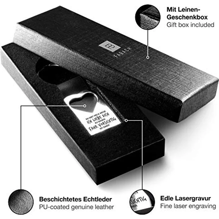 FABACH Herz Schlüsselanhänger mit Gravur aus Echtleder - Glücksbringer für Auto, Motorrad, Haus - Rostfreies Metall mit Mirror-Finish – Bild 2