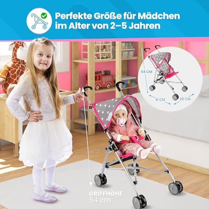 Kinderplay Puppenbuggy, Puppenwagen, Puppen Buggy - Leichte Stabile Konstruktion, Griffhöhe 54 cm, Modell KP0290 (KP0290S) – Bild 3