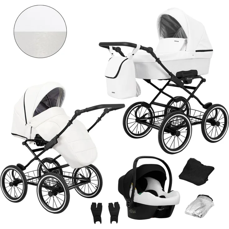 Kunert Romantic 3-in-1 Kombikinderwagen, weiß mit Cosmo Autositz und schwarzem Gestell
