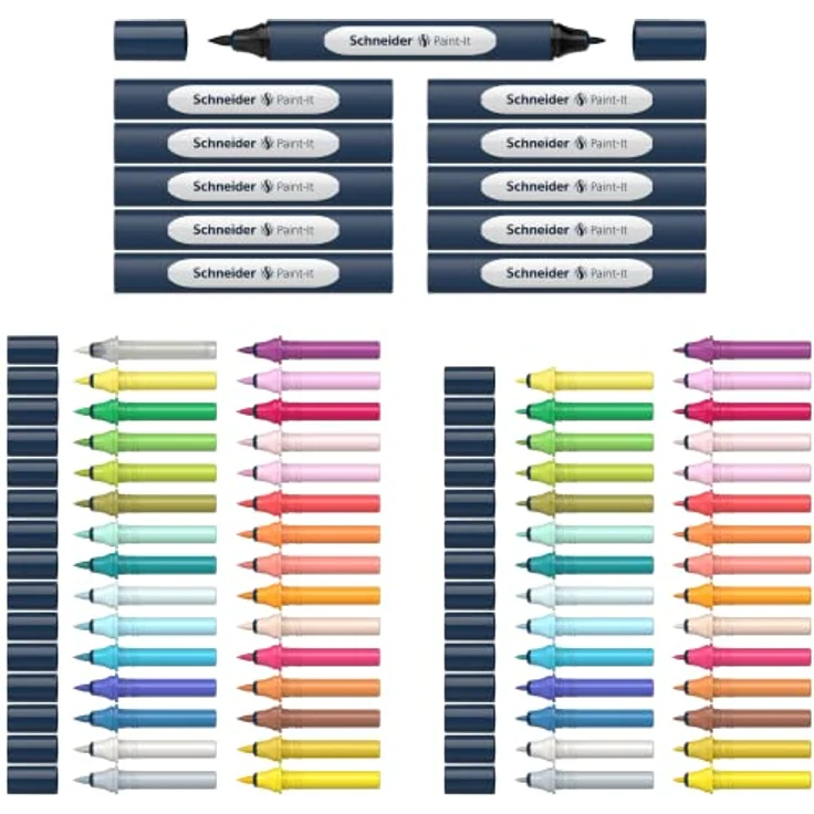 Schneider 040 Paint-It Twinmarker Komplettset (Brush Tip & 1,0 mm Rundspitze,farbintensive Tinte auf Wasserbasis,für die Anwendung auf Papier,Stifte aus 92% recyceltem Kunststoff) 72 Teile, mehrfarbig – Bild 3