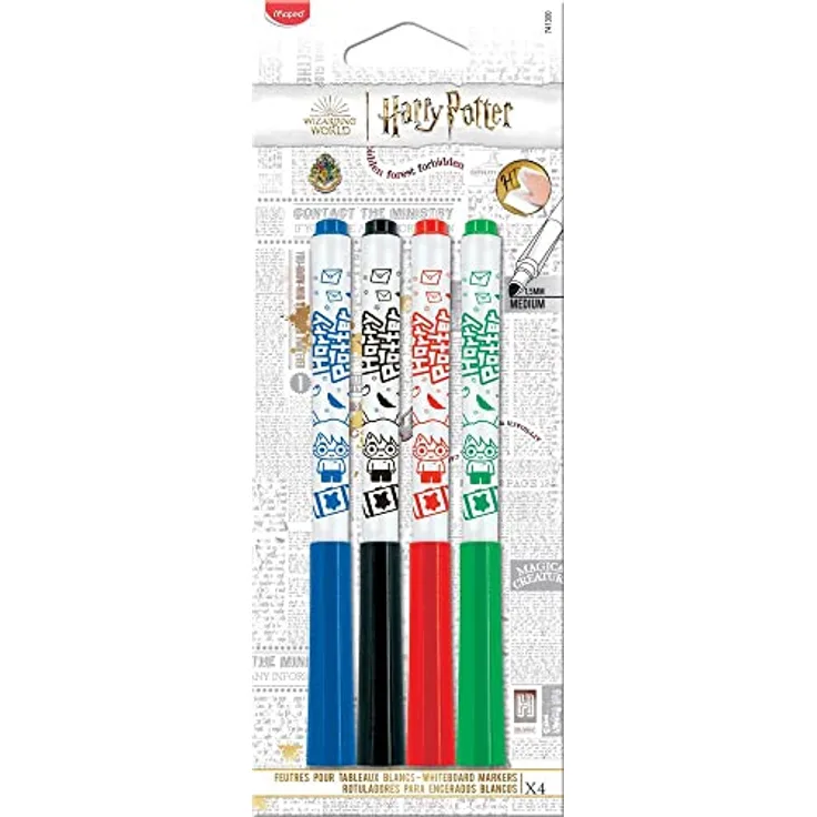 Maped - klassische, dünne Whiteboard-Marker HARRY POTTER x4-4 Farben: blau, schwarz, rot, grün - trocken abwischbar - im phantastischen HARRY POTTER Design
