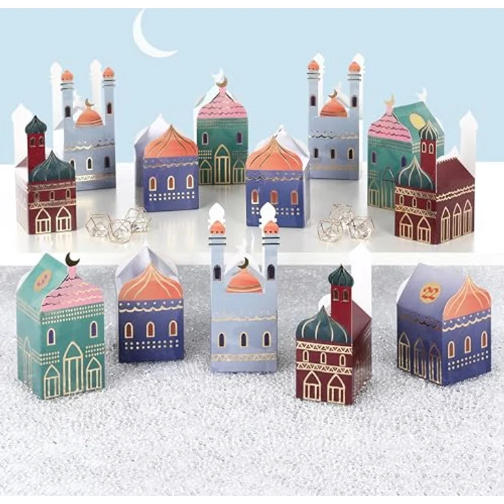 CraftWerk Ramadan Kalender Boxen - 30 Bunte Häuser mit Aufklebern zum Aufstellen und Dekorieren - Wiederverwendbare Eid Mubarak Geschenkboxen Tüten zum Befüllen – Bild 5
