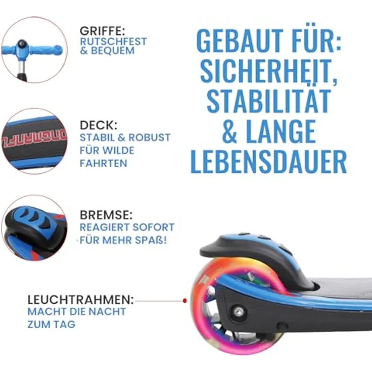 Habib Gruppe Kinderroller LED Leuchträder, 3 Rad Tretroller, klappbar, höhenverstellbar, für Mädchen & Jungen, bis 50 kg, blau – Bild 2