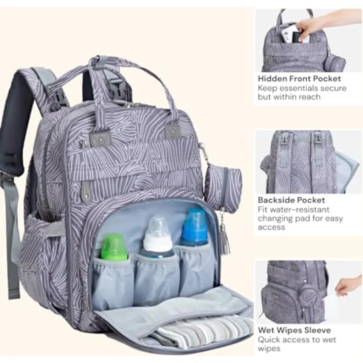 BabbleRoo Wickeltasche Rucksack, große Kapazität 26 L, 17 Taschen, wasserabweisend, inklusive Wickelauflage und abnehmbarem Schnullerhalter – Bild 5