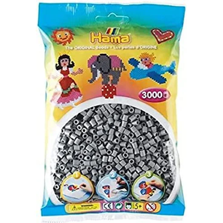 Hama Perlen 201-17 Bügelperlen Beutel mit ca. 3.000 bunten Midi Bastelperlen mit Durchmesser 5 mm in Grau, kreativer Bastelspaß für Kinder ab 5 Jahren, Klein