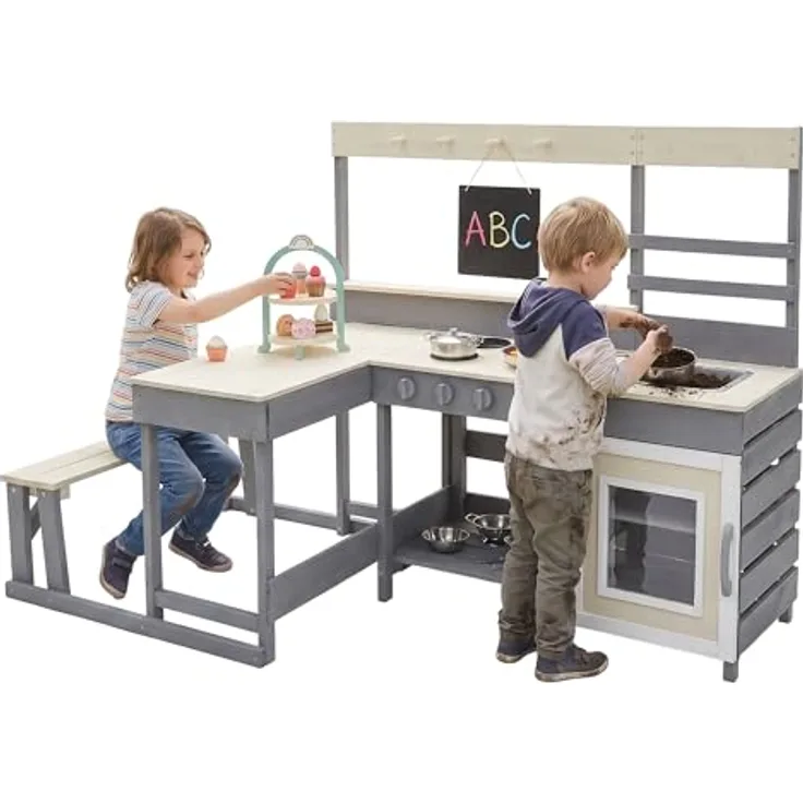 Joyz Kinderküche Kinderküche aus massivem Tannenholz, Spielküche mit Tisch, Sitzbank, wetterfestem Zubehör und herausnehmbarer Spüle, für drinnen und geschützten Außenbereich, ab 3 Jahren, in Grau, Beige und Lila