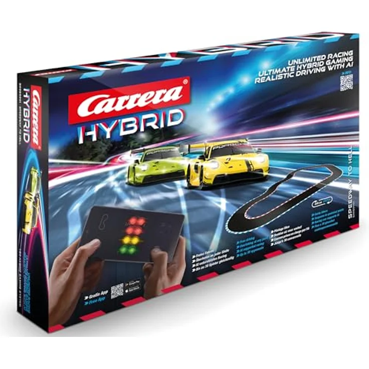 Carrera HYBRID Speedway to Hell I Rennspaß der neuen Generation - Legendäre Rennboliden Porsche 911 GT3 R im Maßstab 1:50 - Hybrid Technologie mit KI-Unterstützung - Steuerung per Smartphone-App, rot und schwarz – Bild 2
