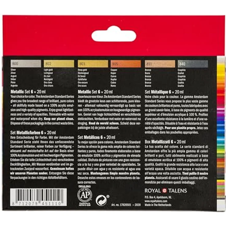 Amsterdam Standard Serie Acrylfarben Set, Metallic Set mit 6 glänzenden Farben (800 Silber, 802 Reichgold, 803 Dunkelgold, 805 Kupfer, 811 Bronze, 840 Graphit), 6 x 20 ml Tuben, wasserbasierte Spezialeffektfarbe – Bild 2
