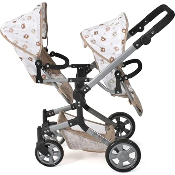 Bayer Chic 2000 - Puppenwagen Linus Duo, Zwillingspuppenwagen mit höhenverstellbarem Schiebegriff, inklusive Puppenautositz und Babywanne, Bärchen beige – Bild 2