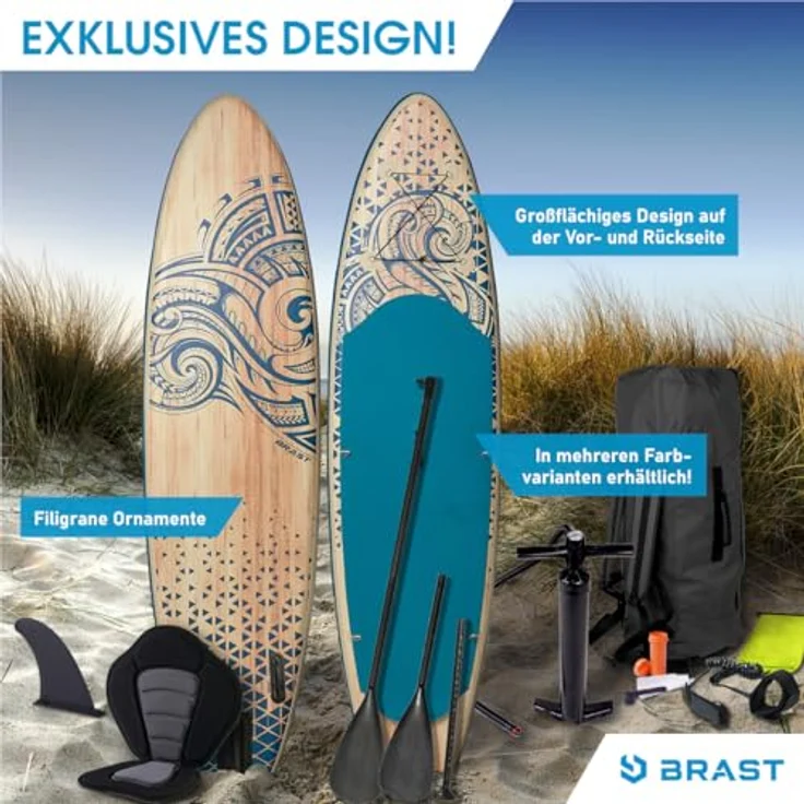 BRAST SUP-Board Tribal Ocean Sixties & Turtle, Aufblasbares Stand up Paddle Set, (320x81x15cm), inkl. Zubehör, 5 Jahre Garantie, blau – Bild 2