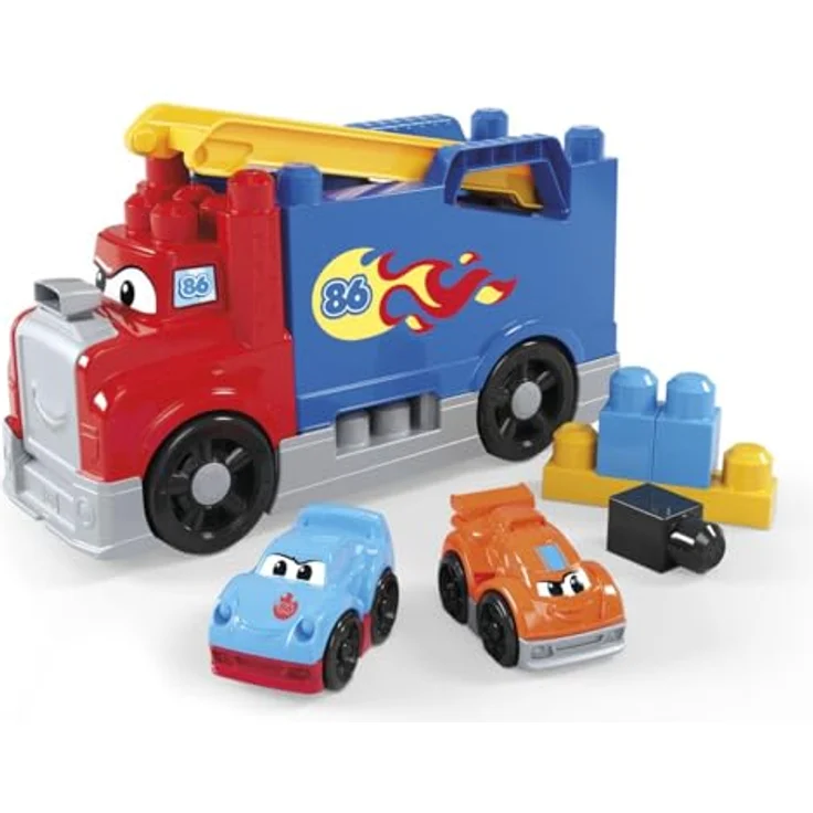 MEGA BLOKS Fast Tracks Rennwagen-Transporter, Bausteinset für Kleinkinder mit 19 Teilen, 2 Rennautos, Aufbewahrung, rot, ab 1 Jahr, JFR29 – Bild 4