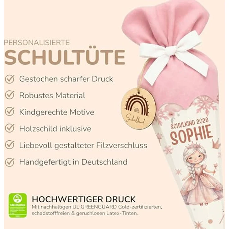 Kidsmood personalisierte Schultüte Prinzessin, Zuckertüte für Einschulung inkl. Rohling, Filz-Stoff & Holzschild, rosa, für Schulkind 2026 – Bild 5