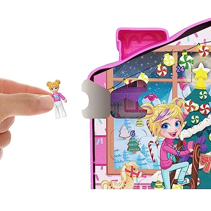 POLLY POCKET Adventskalender-Haus - 25 Überraschungen, 2 Puppen, 27 Zubehörteile, Lebkuchenhaus-Design, Weihnachtsbaum, Skier, für Kinder ab 4 Jahren, HKW16 – Bild 2