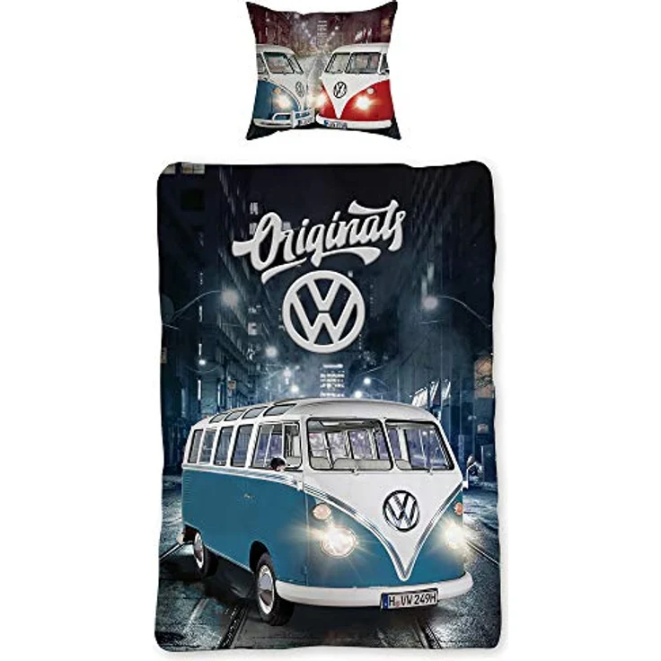 BERONAGE VW Volkswagen Bulli Bettwäsche Originals Rot/Blau 135 cm x 200 cm + 80 cm x 80 cm VW-Bus T1 100% Baumwolle Linon/Renforcé Retro Camper Van 2 Motive Wendebettwäsche Reißverschluss 087, Kinderbettwäschen – Bild 5
