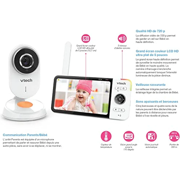 Vtech - BM818 – Babyphone Video Wide View HD – Display 5 Zoll Ultra flach HD – Nachtlicht und Wiegenlieder 720p – Version FR – Bild 3