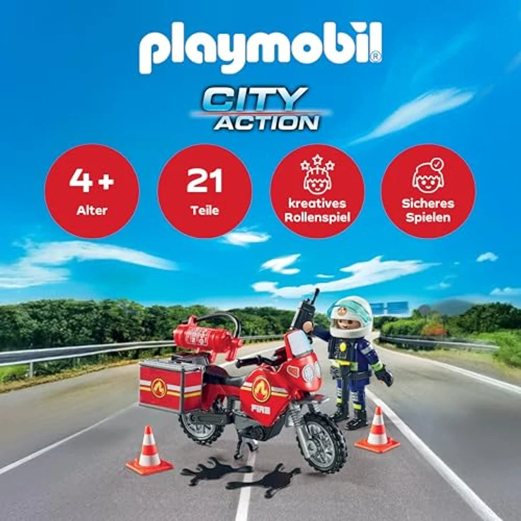 PLAYMOBIL Action Heroes 71466 Feuerwehrmotorrad am Unfallort, Spielzeug mit Funkgerät und Feuerlöscher, für Kinder ab 4 Jahren – Bild 3