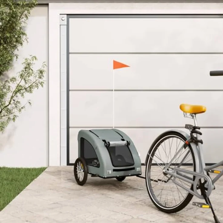 vidaXL Fahrradhundeanhänger Fahrradanhänger Hunde Grau Oxford-Gewebe und Eisen mit PVC-Dach und Reflektoren – Bild 2