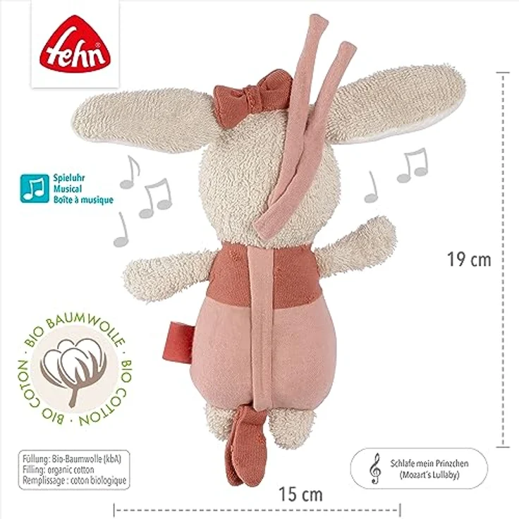 Fehn Mini-Spieluhr Hase fehnNATUR – Kuscheltier & Einschlafhilfe mit Baumwolle (kbA) – Melodie „Mozarts Wiegenlied“ beruhigt in jeder Situation zuhause & unterwegs – für Babys & Kleinkinder – Bild 5