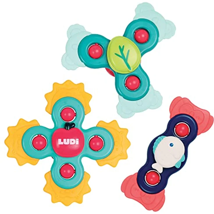 LUDI JBM SARL Handspinner für Babys, rotierendes Vakuumspielzeug mit 3 bunten Designs, ab 10 Monaten – Bild 1