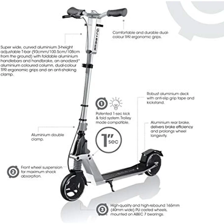 Globber Scooter One K 165 BR, faltbarer Roller für Jugendliche und Erwachsene, Rubinrot, mit vorderer Stossdämpfung und höhenverstellbarer Lenkstange – Bild 4