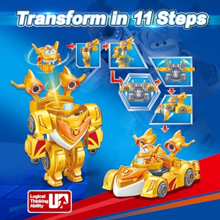 Super Wings EU770352, Super Robot Suit Golden Boy, ca. 18 cm große verwandelbare Spiel-Figur, 2-in-1 Roboter Anzug und Super Auto, gelb, für Kinder ab 3 Jahren – Bild 3