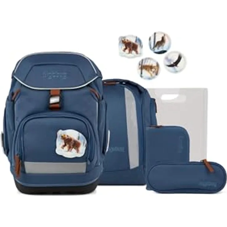 ergobag Pack Set, ergonomischer Schulrucksack 6-teilig für 1. Klasse, flexible Trennung, wasserdicht, mit 4 Kletties, in bunt