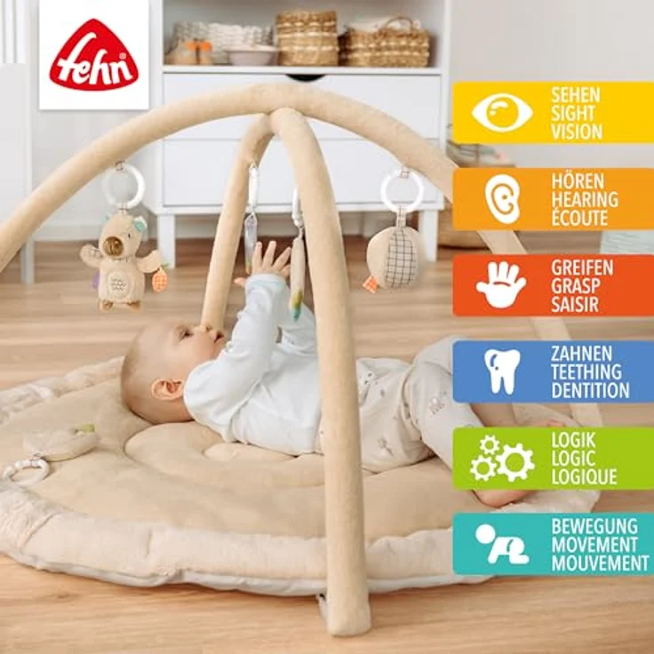 Fehn 3-D-Activity-Decke Capybara Clara, mit 7 abnehmbaren Spielzeugen zur Förderung von Greifen, Sehen und Hören, Ø 85 cm, maschinenwaschbar – Bild 2