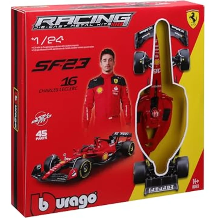 Bburago Formel 1 KIT Ferrari SF23 (2023), Modellauto Bausatz 1:24, 45-teilig, Fahrer #16 Charles Leclerc, 27cm, schwarz-rot – Bild 5