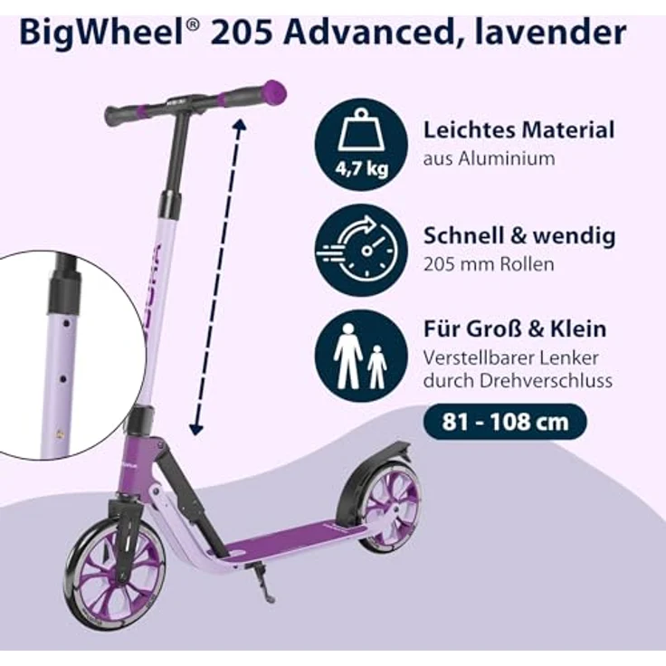 Hudora Cityroller BigWheel® 205 Advanced, höhenverstellbarer Kick-Scooter für Erwachsene und Kinder, einklappbar, max. 100 kg, Mattschwarz – Bild 2