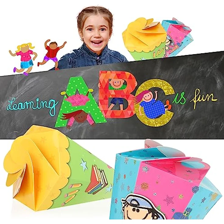 com-four® 4X Mini Schultüten, 30 cm Geschwisterschultüten aus Pappe in grün, gelb, rot und blau, faltbar mit lustigen Schulmotiven – Bild 2